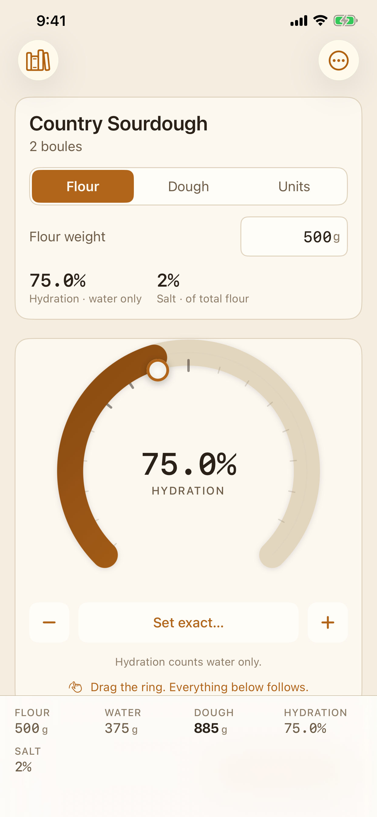 Math Loaf screenshot of the hydration dial and ingredient table